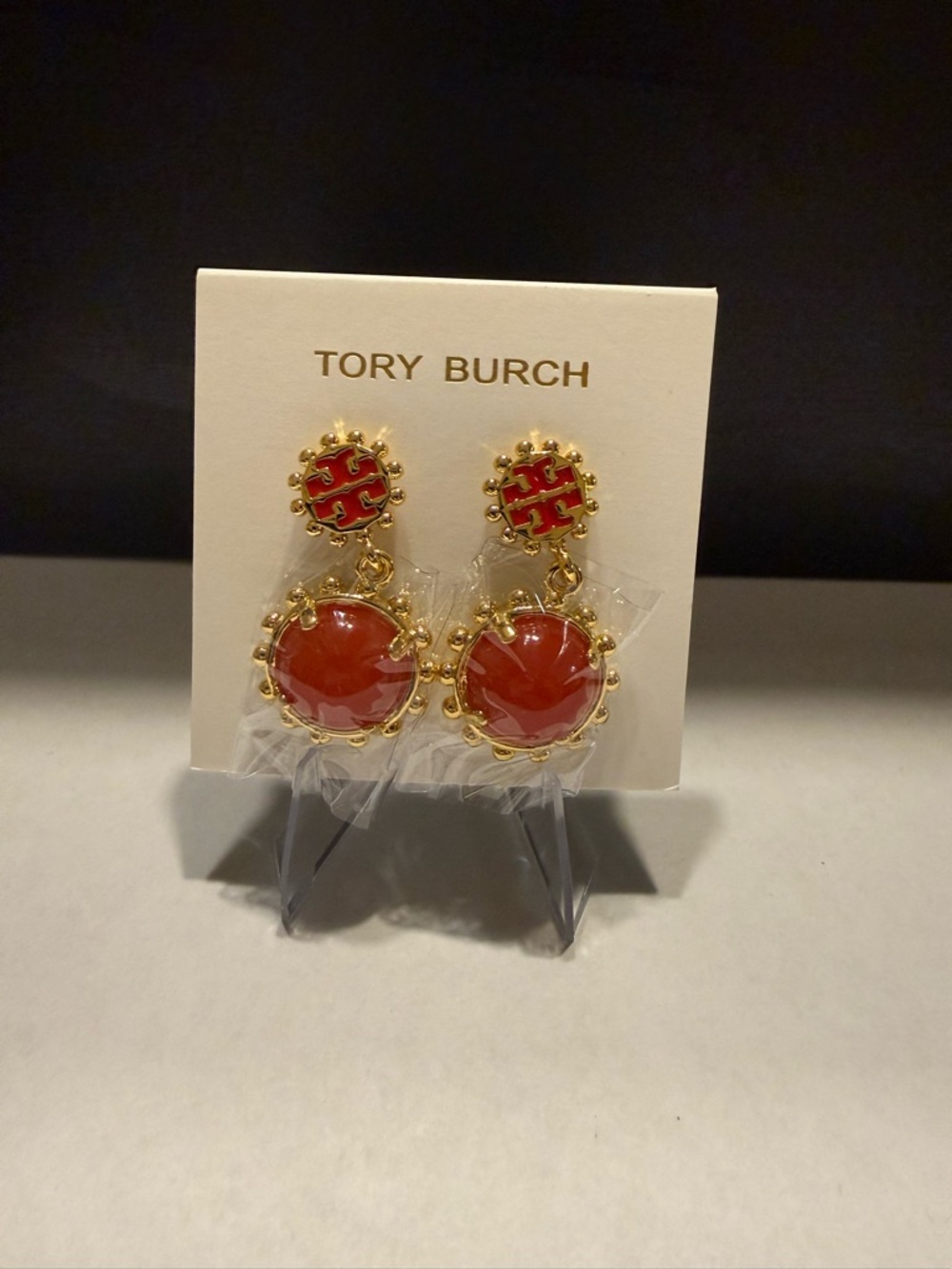 NEW Tory Burch Red Gold Winslow Logo Drop Dangle Elegant Earrings